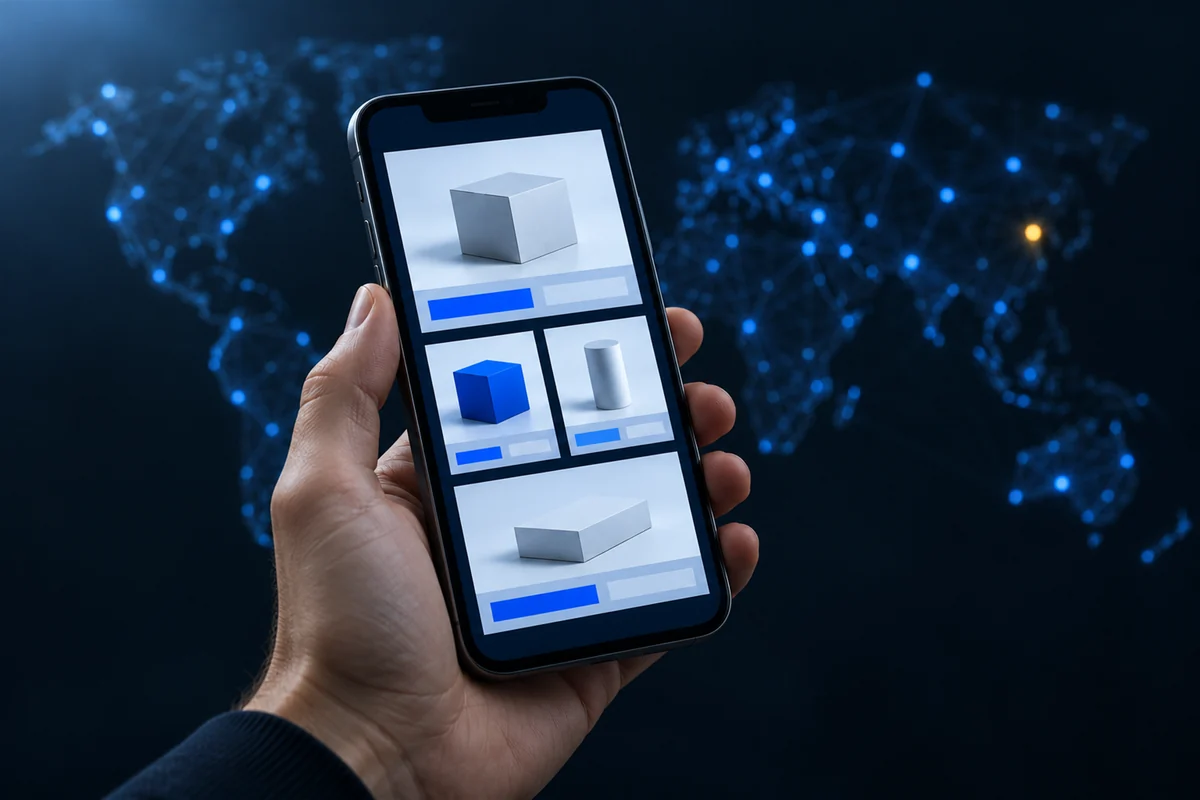 Un celular en la mano con una tienda online en pantalla, sobre un fondo de puntos de luz conectados entre sí.