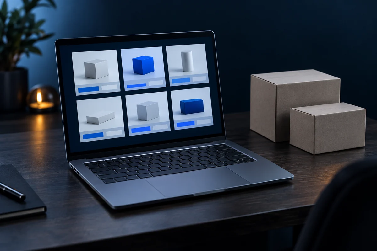 Una notebook sobre un escritorio mostrando la grilla de productos de una tienda online, con dos cajas de cartón al lado.